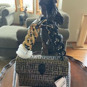Kurt Geiger mini Black and Gold Woven-Texture Chain Shoulder Bag NWT